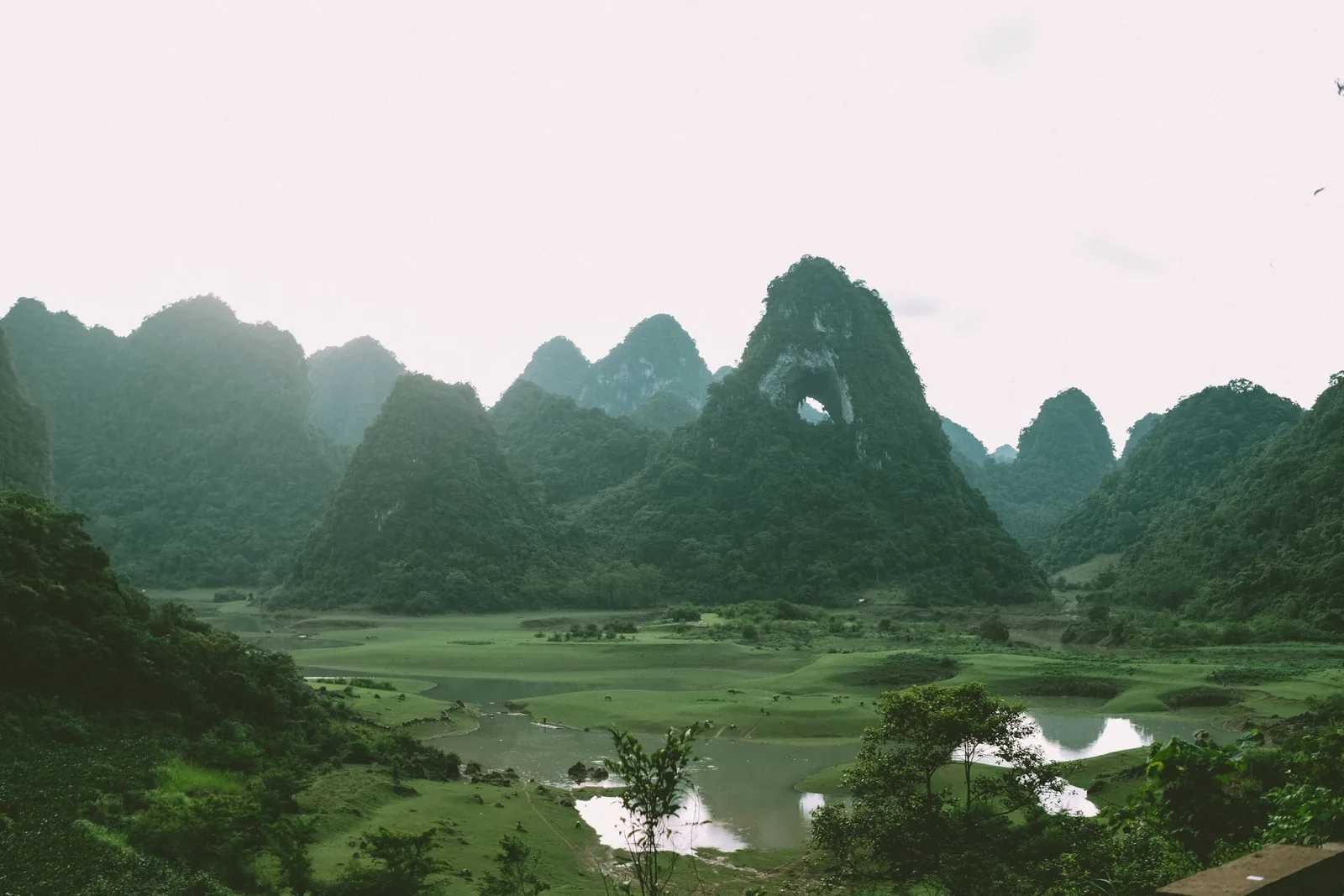 Những núi đá vôi với vòm đá tự nhiên nhô lên trên thung lũng xanh và dòng sông uốn lượn ở Cao Bằng.